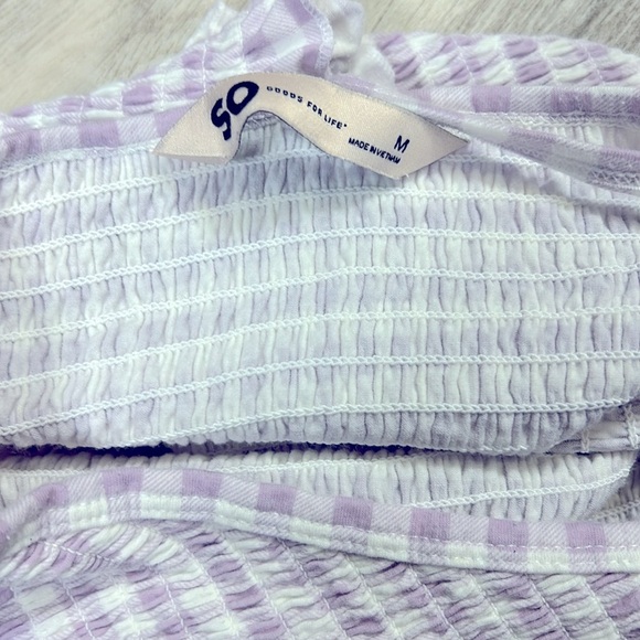 Lavender & White Gingham Print Ruffled Hem High-Neck Racerback Smocked Gauze Top - Picture 8 of 10